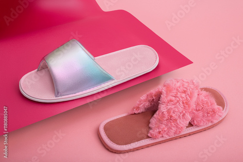 Close-up of two pink lounge slides: one with a holographic band and the other with plush faux-fur straps, displayed on layered pink surfaces to showcase indoor cozy comfort and playful style. photo