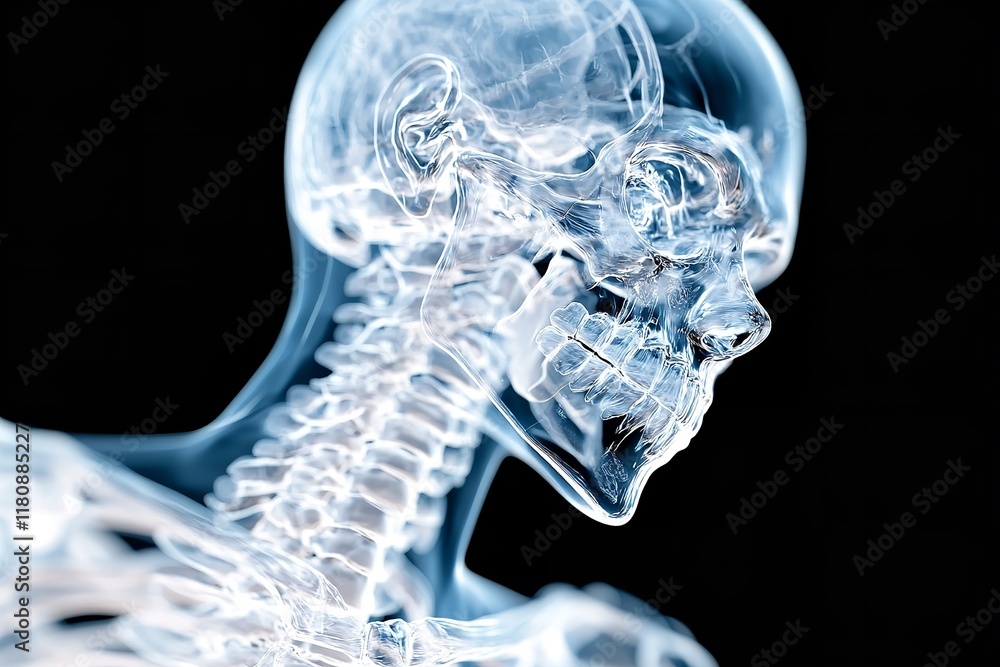 A detailed view of a transparent human skull and spine showcases the complexity of human anatomy. The model highlights the intricate structures in a striking and artistic manner