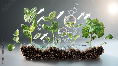 scientific visualization of water transpiration in plants, showcasing growth and moisture movement