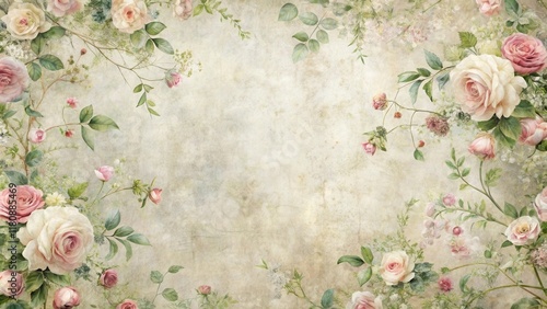 Elegant Floral Frame with Pastel Roses and Greenery on Antique Texture