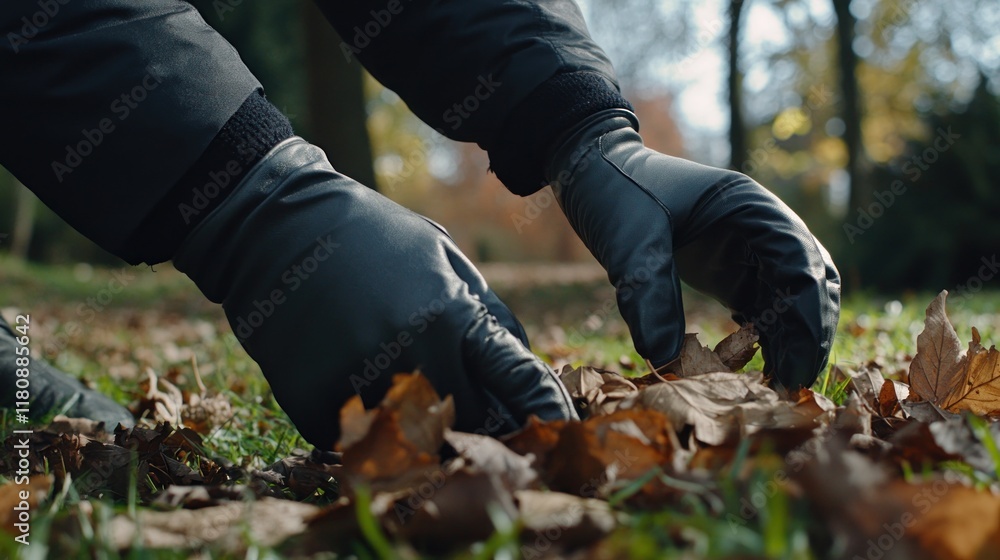 A close-up of gloved hands picking up autumn leaves from the ground in a park. A close-up of gloved hands picking up autumn leaves from the ground in a park.