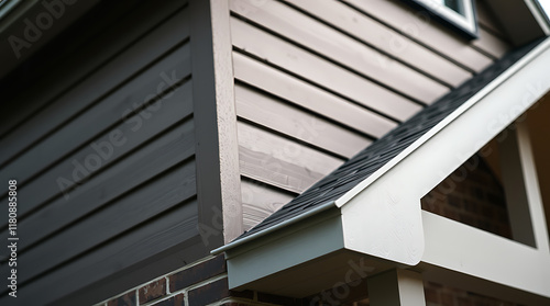 Exterior House Siding Detail: Dark Gray and Light Brown Lap Siding with White Trim