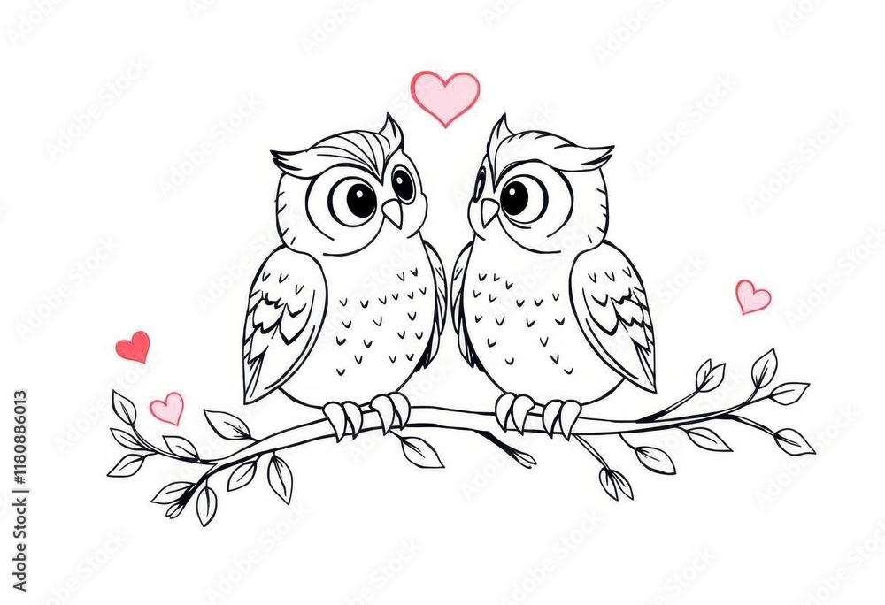 Fototapeta premium Adorable Couple of Owls on Branch Romantic Valentine s Illustration Line Art Drawing