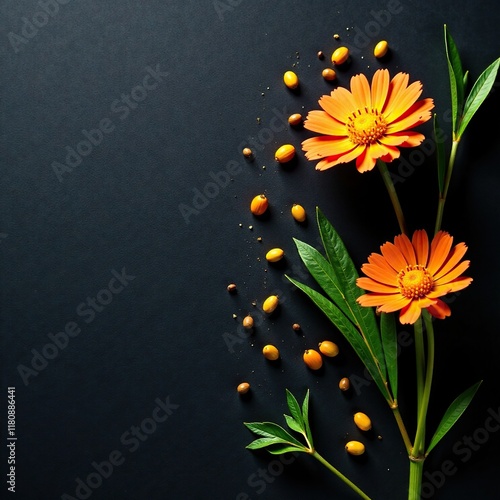 Dark background with scattered Immortelle Helychrysum seeds, gold, nature, Seeds photo