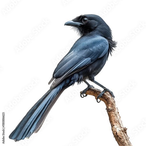 striking black bird perched on a natural branch. showcasing its glossy plumage and elegant posture against a plain white background the focus on the bird highlights its details and beauty. making it s photo