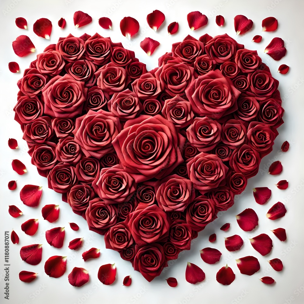 A large heart made of red rose petals on a white background, Valentine's Day A large heart made of red rose petals on a white background, Valentine's Day