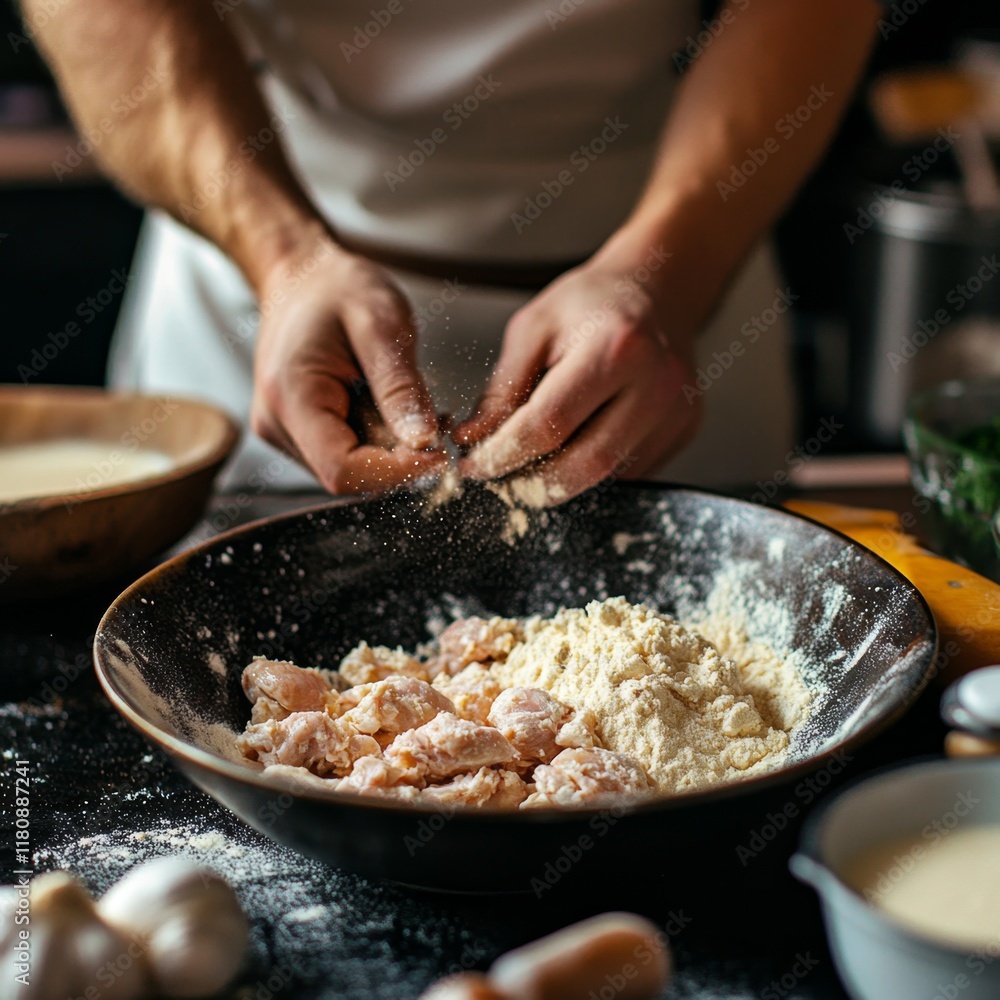 Person Breading Chicken Pieces for Cooking Preparing a Meal With Flour Person Breading Chicken Pieces for Cooking Preparing a Meal With Flour