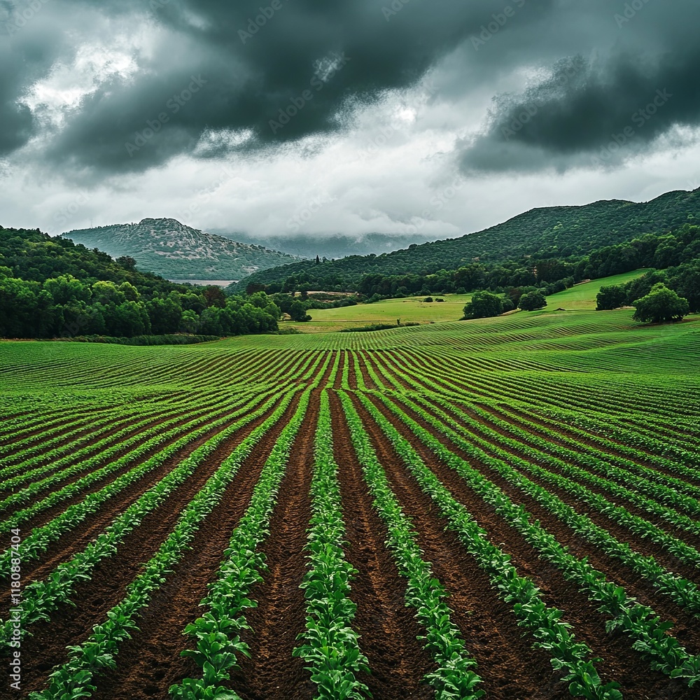A vast green field with rows of crops under a cloudy sky. The image shows the early stages of crop growth, with forested hills and a distant road in the background A vast green field with rows of crops under a cloudy sky. The image shows the early stages of crop growth, with forested hills and a distant road in the background
