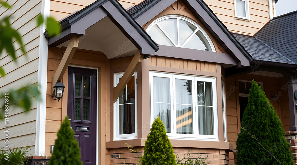 A tan-sided house with a dark brown roof features a prominent bay window with white trim, a purple door, and small evergreen trees in front. The house has a semi-circular window above the entrance. A tan-sided house with a dark brown roof features a prominent bay window with white trim, a purple door, and small evergreen trees in front. The house has a semi-circular window above the entrance.
