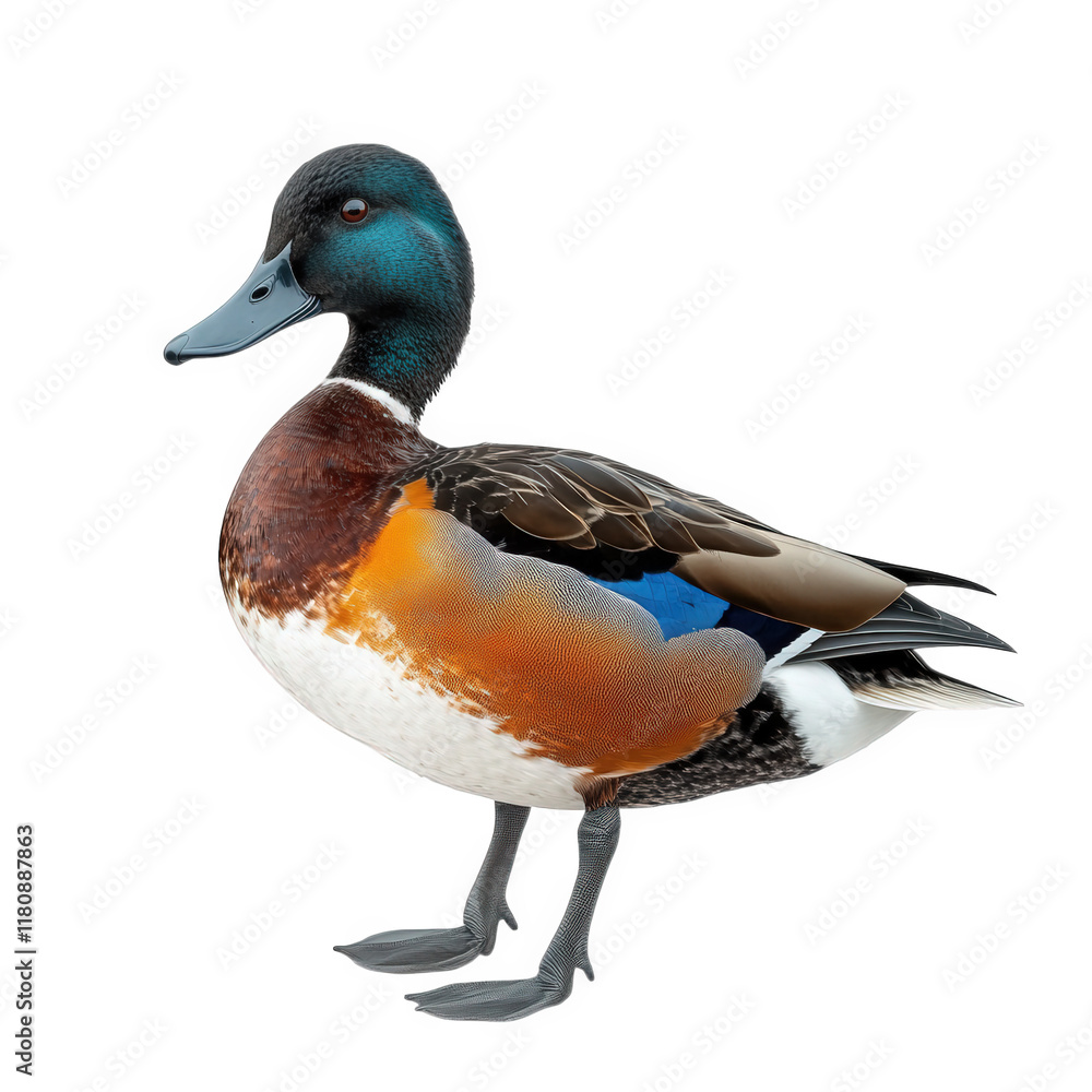 Obraz premium colorful duck with a distinctive plumage. showcasing vibrant shades of brown. orange. and blue. set against a white background its posture highlights its unique characteristics. making it an ideal sub