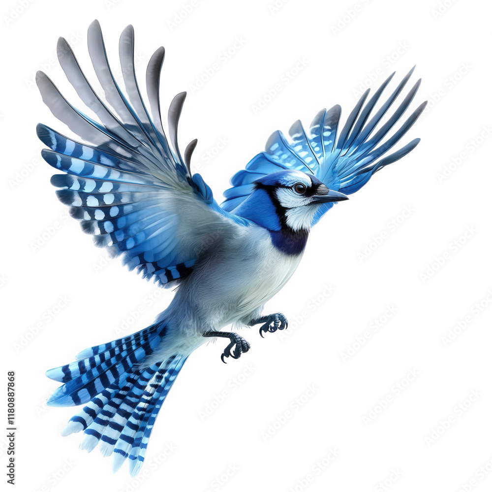 Obraz premium vibrant blue jay in flight. showcasing its striking blue and white plumage with a detailed depiction of its wings spread wide. emphasizing its grace and beauty in motion the background is plain. highl
