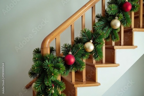 Festive Christmas garland wraps around a staircase banister, festive arrangement, seasonal photo