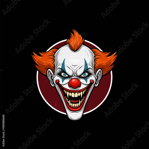 A menacing illustration of an evil clown face featuring sharp teeth and vibrant red hair against a dark background.