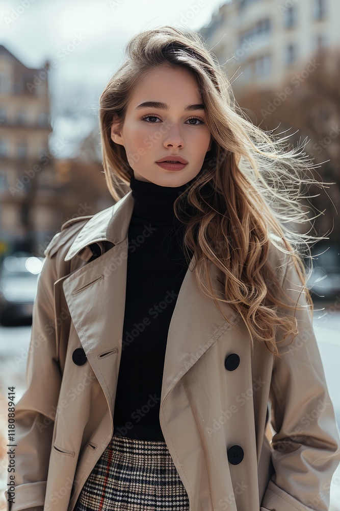 Fototapeta premium A young woman in a sunny winter day, showing her outfit wearing Black turtleneck, checkered high-waist skirt, wool trench coat.