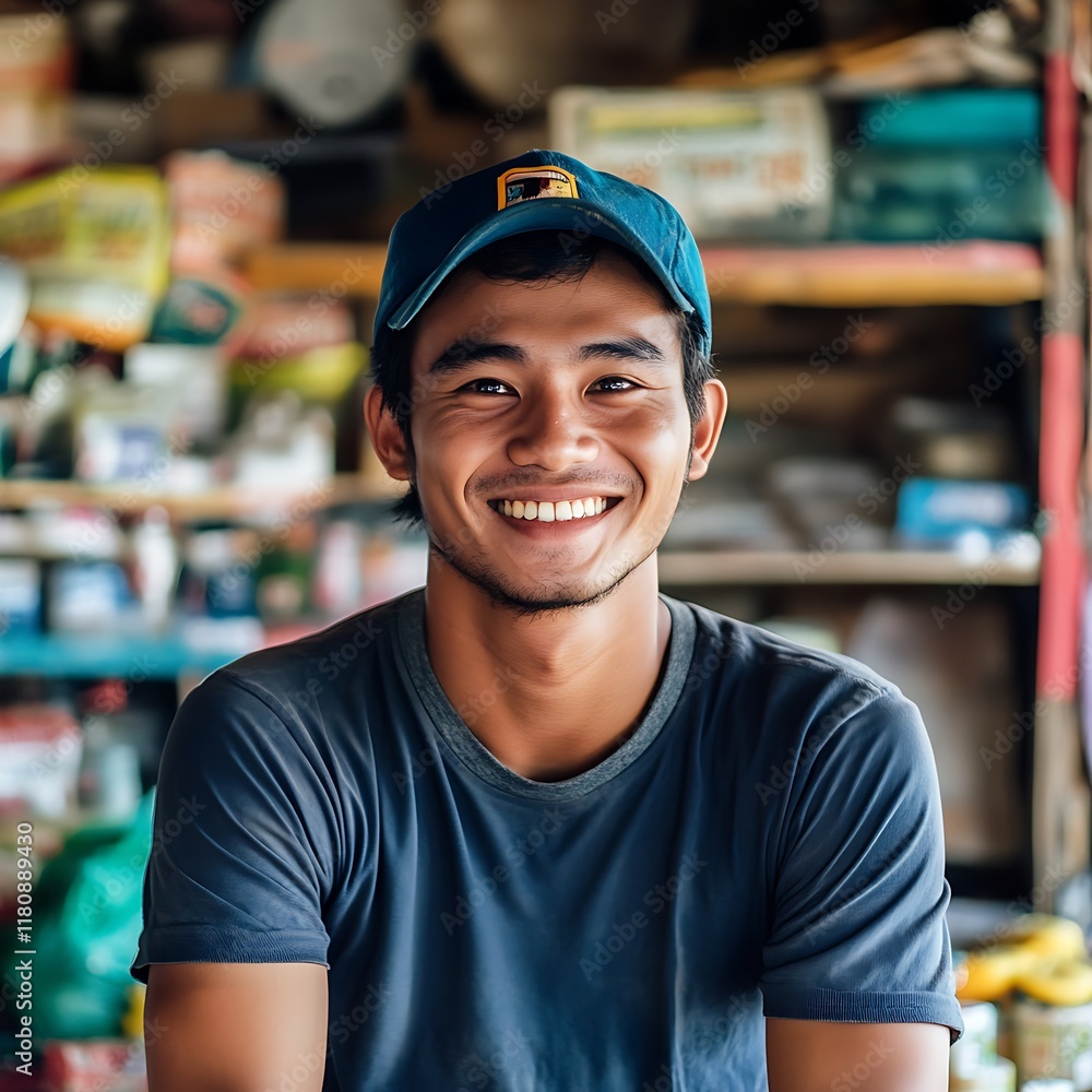 Man Smiling in Blue Shirt and Cap with Shelves and Items Visible in Background Man Smiling in Blue Shirt and Cap with Shelves and Items Visible in Background
