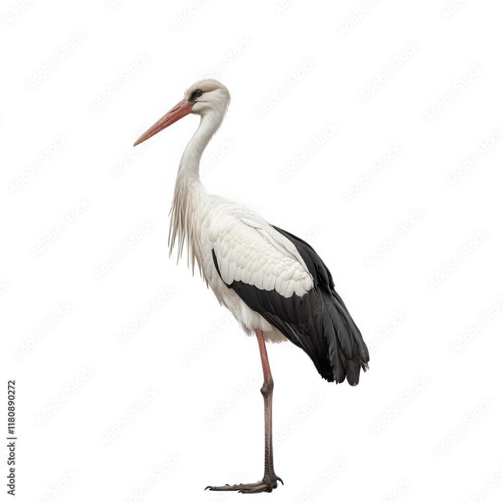 a solitary stork stands elegantly against a minimalistic white background. showcasing its striking black and white plumage and long legs. embodying grace and poise beauty of wildlife and the importan a solitary stork stands elegantly against a minimalistic white background. showcasing its striking black and white plumage and long legs. embodying grace and poise beauty of wildlife and the importan