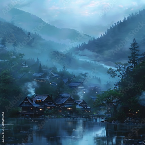 Misty Mountain Village Houses On Lake Peaceful Serene Nature Scene With Foggy Horizon photo