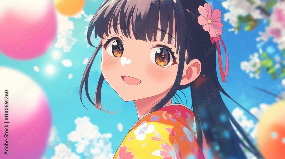 Happy girl kimono spring festival balloons bokeh Happy girl kimono spring festival balloons bokeh