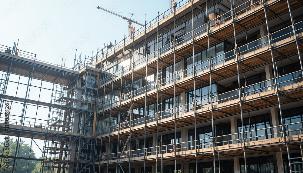 Modern Building Under Construction with Scaffolding and Crane Modern Building Under Construction with Scaffolding and Crane