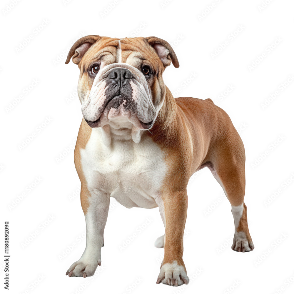 a proud bulldog stands confidently against a clean. white background. showcasing its muscular build and distinctive facial features dog's strong physique and playful demeanor. making it suitable for a proud bulldog stands confidently against a clean. white background. showcasing its muscular build and distinctive facial features dog's strong physique and playful demeanor. making it suitable for