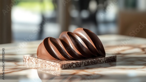 Swirled chocolate dessert on marble, cafe backdrop photo