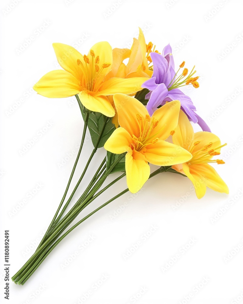 Fototapeta premium Colorful Artificial Flower Bouquet with Yellow and Purple Lilies on White Background