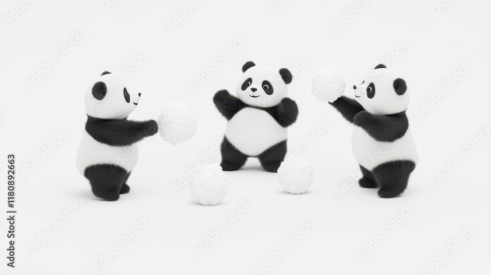 Obraz premium Three stuffed pandas are playing with a white ball