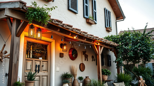 Fototapeta Naklejka Na Ścianę i Meble -  Rustic House Exterior with Porch and String Lights