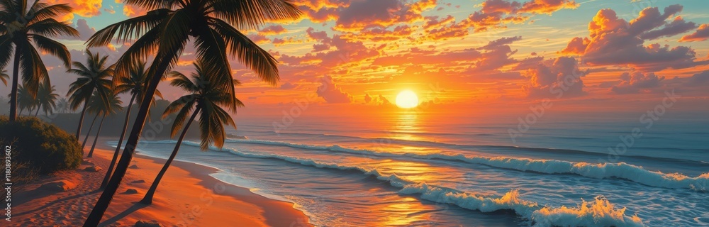 Tropical Beach Sunset Palm Trees Ocean Waves Tropical Beach Sunset Palm Trees Ocean Waves