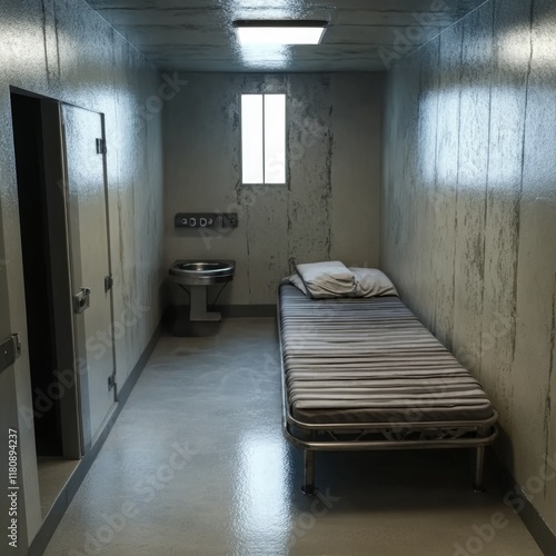 Sparse Interior Cell With Bed And Toilet In Concrete Room With Window And Open Doorway
