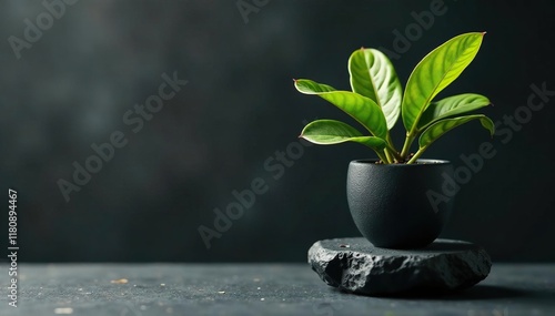 Black stone base with a small potted ginger plant, pot, flowers photo