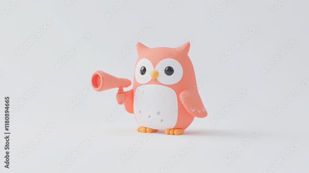 Fototapeta premium A small orange owl is holding a telescope