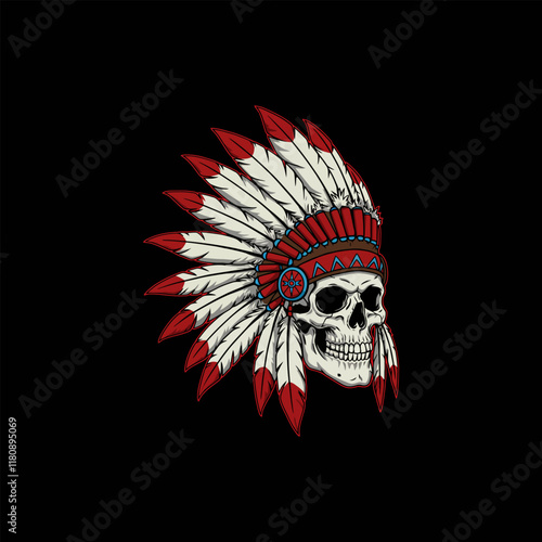A stylized illustration depicts a human skull adorned with a traditional Native American headdress featuring red and white feathers.