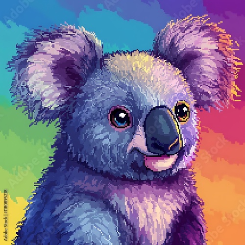 Pixel Koala Portrait With Vivid Rainbow Background Digital Art Illustration Animal Wildlife photo