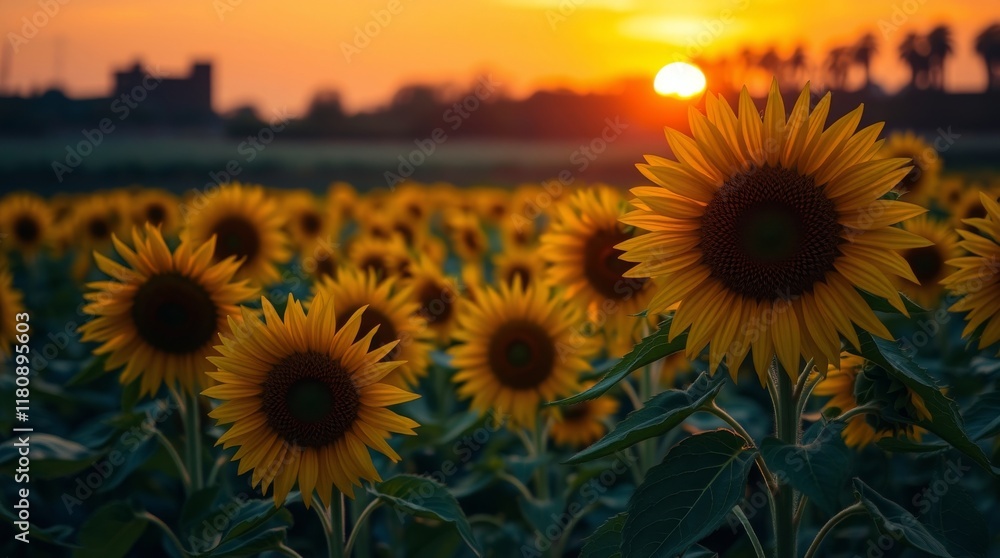Fototapeta premium Sunflowers at Sunset Golden Hour Field Landscape