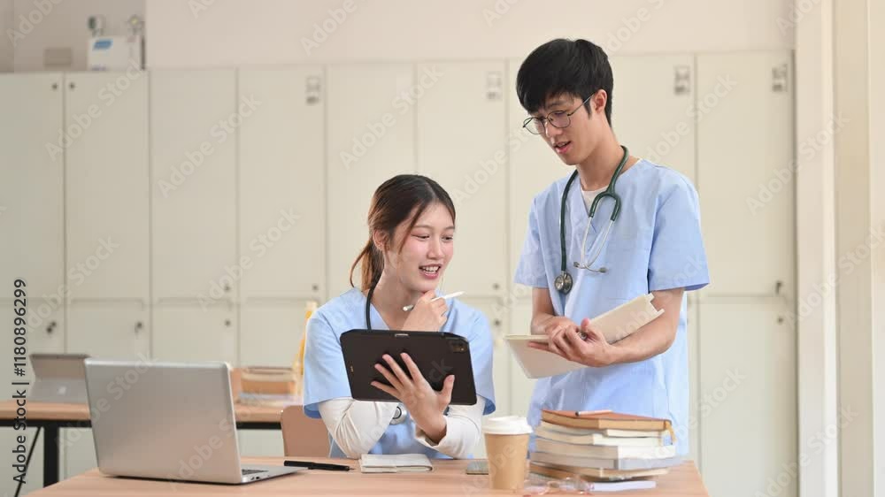 Two medical students sharing information on a digital tablet while studying together Two medical students sharing information on a digital tablet while studying together