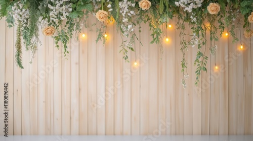 A wooden wall with a floral arrangement hanging from it