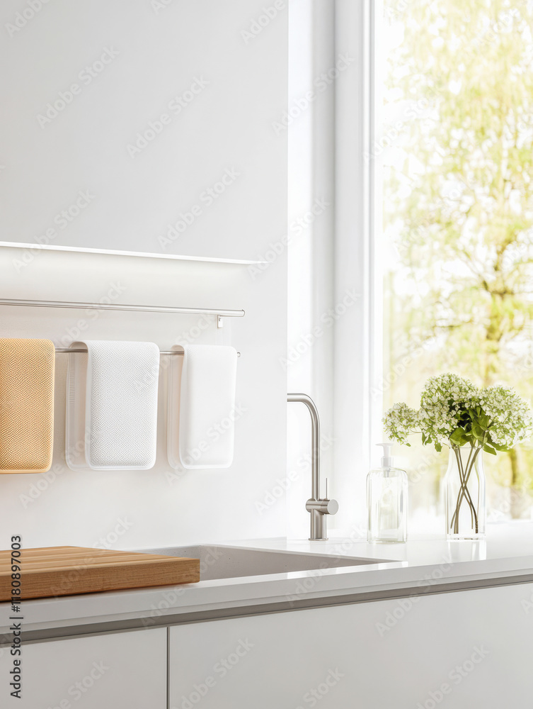 Obraz premium Modern kitchen interior featuring organized utensils and bright natural light