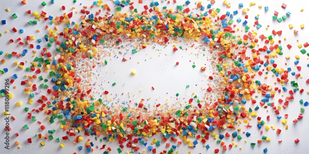 Brightly Colored Confetti and Small Pieces Create a Festive Frame on White Background Brightly Colored Confetti and Small Pieces Create a Festive Frame on White Background