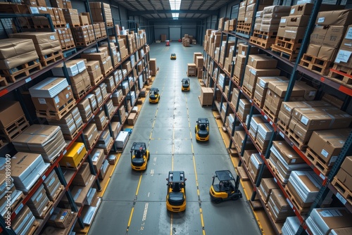 High Angle View of Multiple Forklifts in a Large Warehouse with High Shelves Full of Cardboard Boxes