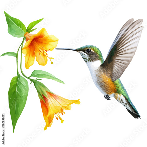 A watercolor painting of a hummingbird hovering near a flower, isolated on a white background. Hummingbird hovering vector.
