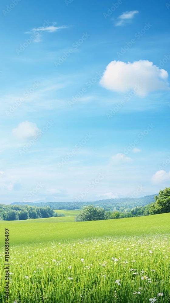 Obraz premium Serene Green Landscape Under Bright Blue Sky with Fluffy White Clouds and Tranquility