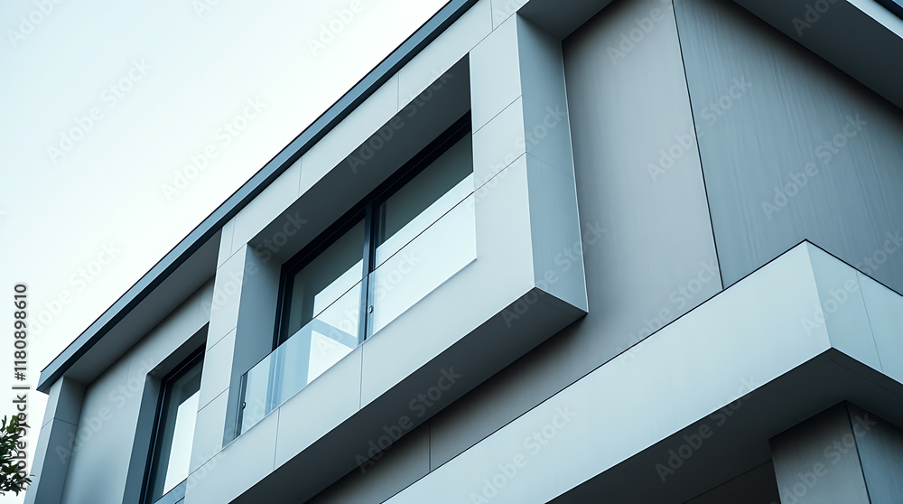 Modern Building Exterior with Recessed Windows and Balcony Modern Building Exterior with Recessed Windows and Balcony