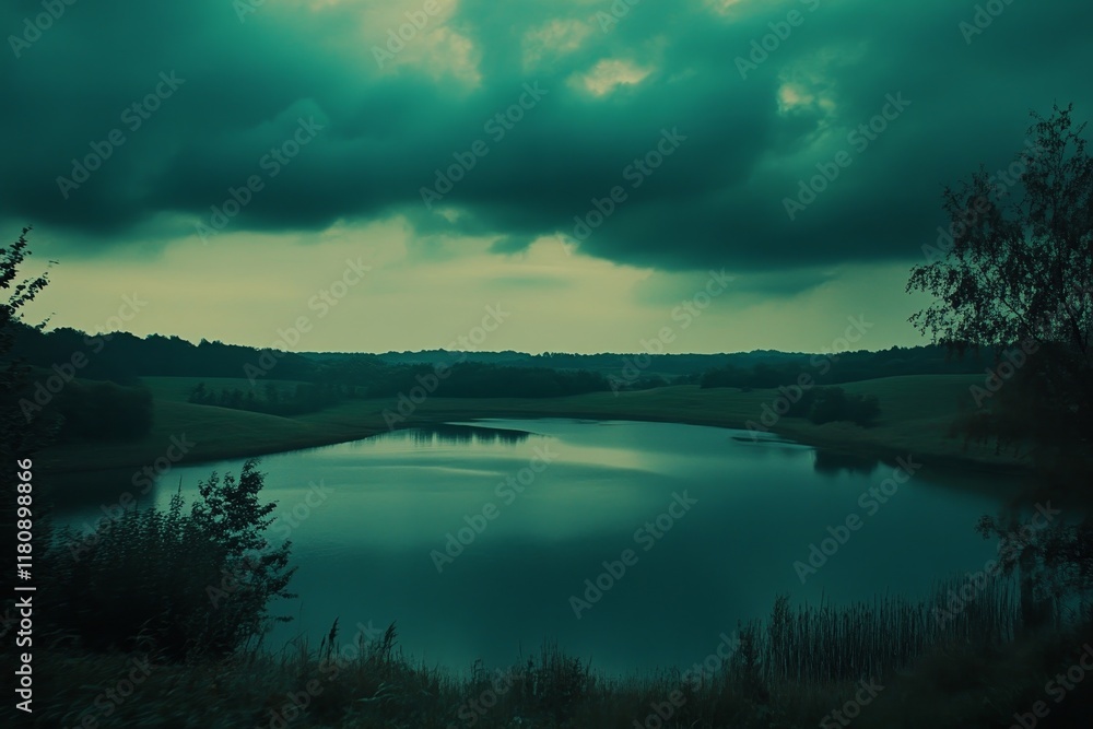Fototapeta premium Serene teal lake nestled in a tranquil landscape under a dramatic sky.