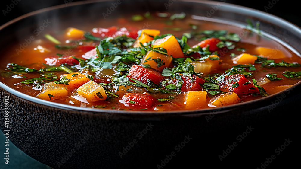 Steaming bowl of hearty vegetable soup with diced tomatoes, butternut squash, and herbs. Steaming bowl of hearty vegetable soup with diced tomatoes, butternut squash, and herbs.