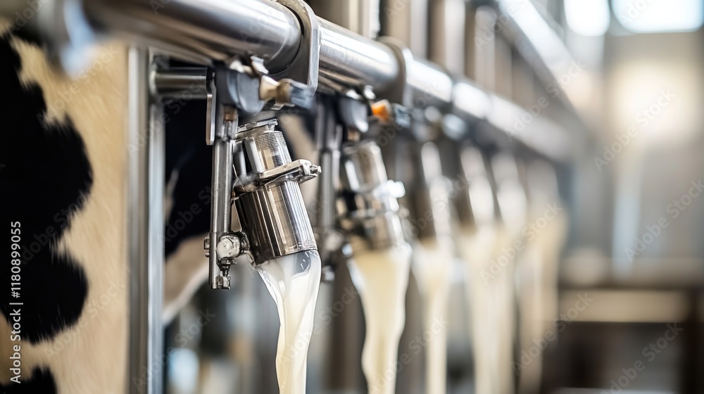 Milk being collected from cows using milking machines in a dairy farm setting. Milk being collected from cows using milking machines in a dairy farm setting.