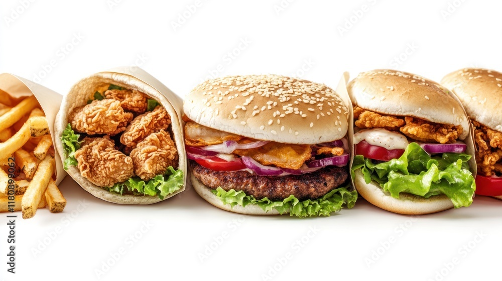 A tempting display of fast food including burgers, a wrap, and fries. A tempting display of fast food including burgers, a wrap, and fries.