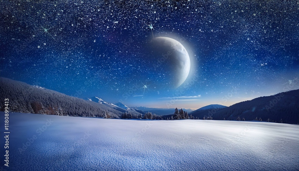 Naklejka premium 星が綺麗に輝く夜空の背景に浮かぶ月と雪景色のイラスト。aiで生成
