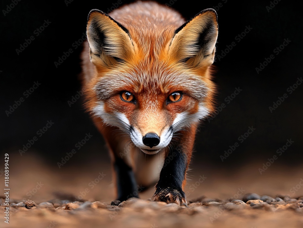 A red fox walking on a dirt road in the dark A red fox walking on a dirt road in the dark