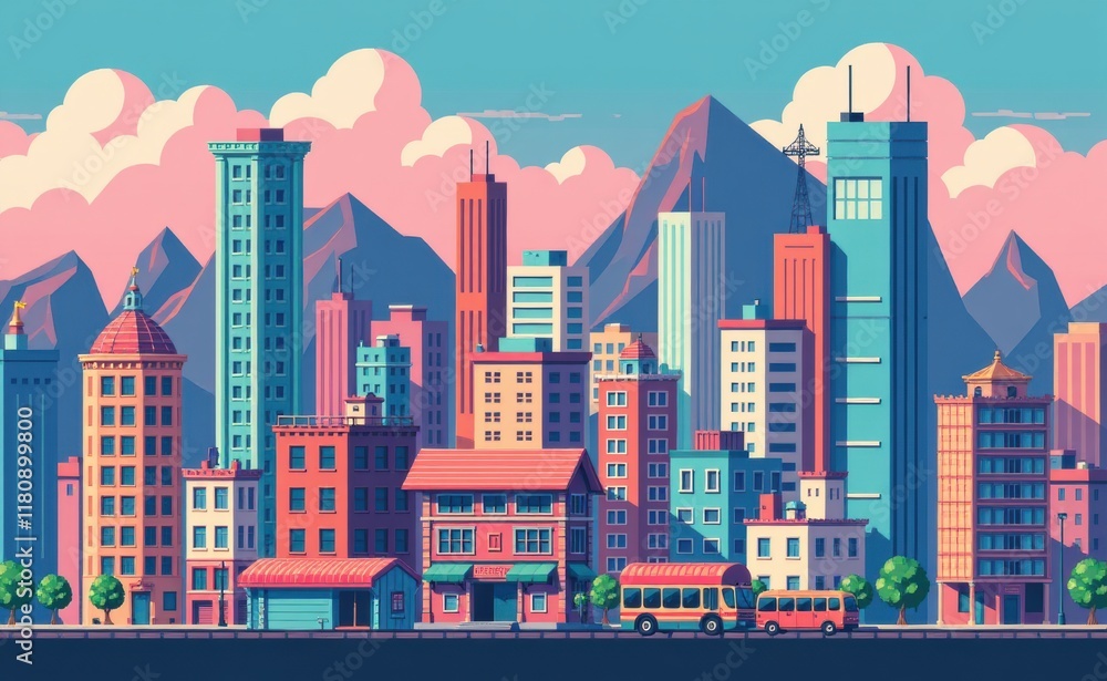 A pixelated cityscape illustration featuring a mix of modern skyscrapers and historic buildings, set against a vibrant blue sky with fluffy clouds. A pixelated cityscape illustration featuring a mix of modern skyscrapers and historic buildings, set against a vibrant blue sky with fluffy clouds.